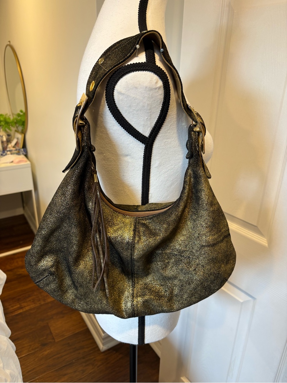 Christopher Kon Metallic Leather Hobo Bag Gold Black Slouchy Shoulder Bag